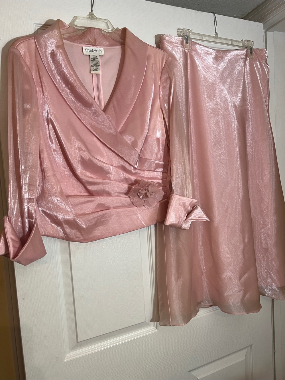 Chadwicks Shimmery Pink Two-Piece Skirt Set with Floral Accent